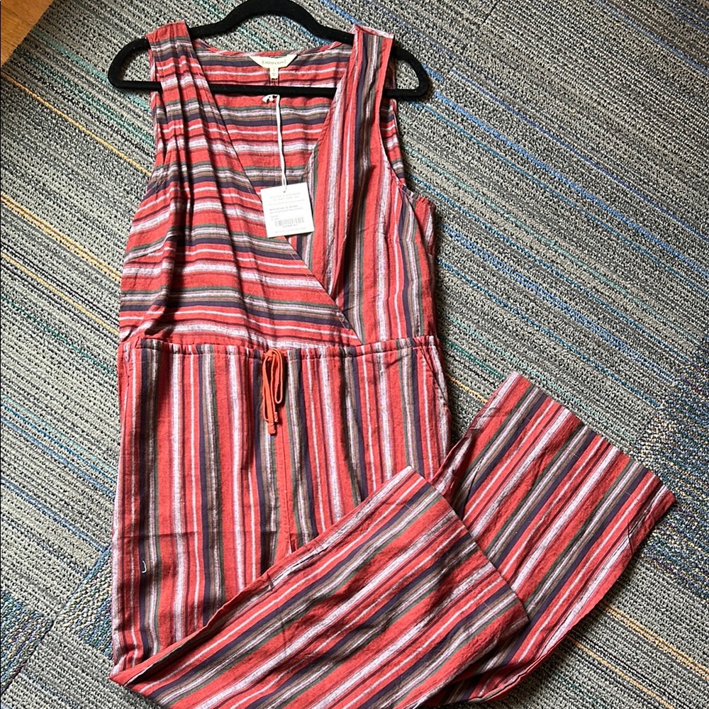 NWT Bridge & Burn Gauze Cotton Blend Striped Jumpsuit with V-Neckline